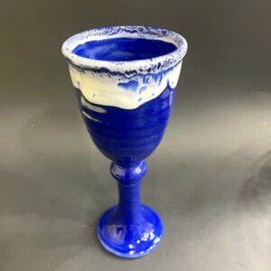 Handmade Ceramic Wine Goblet - Studio Pottery - Ocean Blue and White
